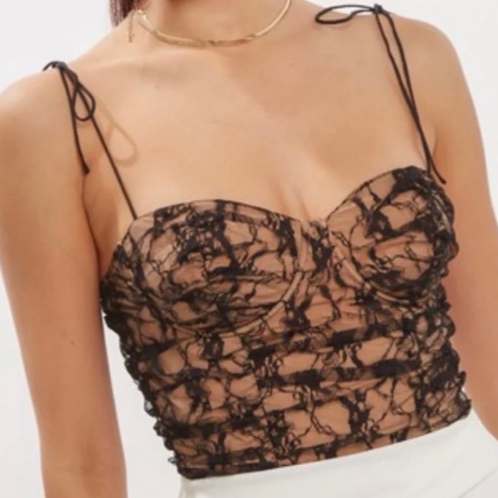 Blue Bush Lace Shoulder Tie Bodysuit